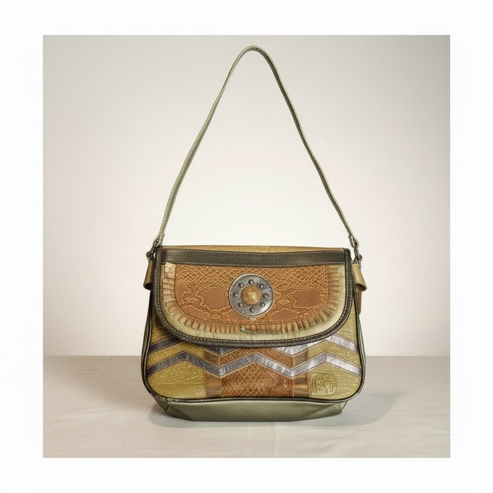 Vintage Renias Sharif Patchwork Leather Crossbody Purse Gold Bronze Tones 80s